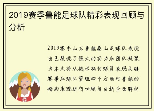 2019赛季鲁能足球队精彩表现回顾与分析