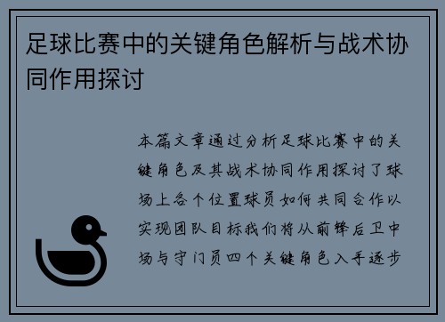 足球比赛中的关键角色解析与战术协同作用探讨