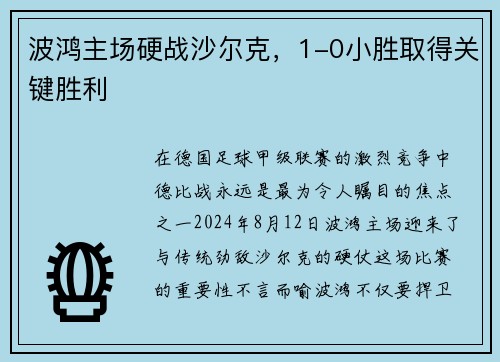 波鸿主场硬战沙尔克，1-0小胜取得关键胜利