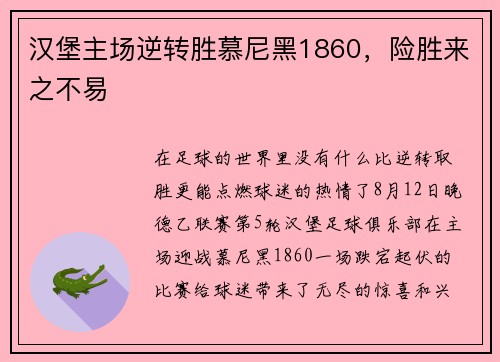 汉堡主场逆转胜慕尼黑1860，险胜来之不易