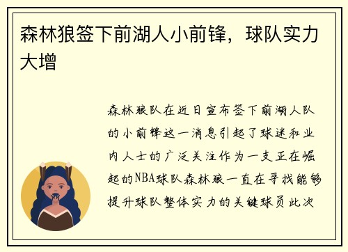 森林狼签下前湖人小前锋，球队实力大增