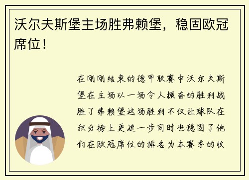 沃尔夫斯堡主场胜弗赖堡，稳固欧冠席位！