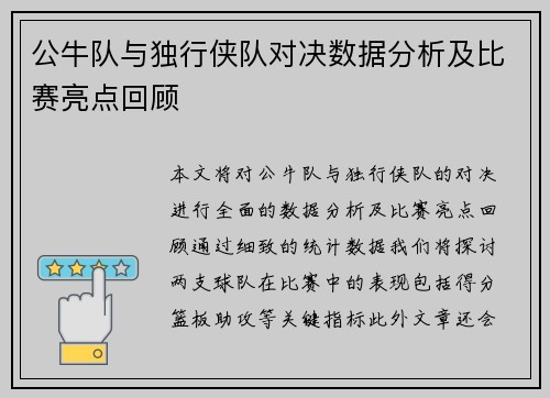 公牛队与独行侠队对决数据分析及比赛亮点回顾