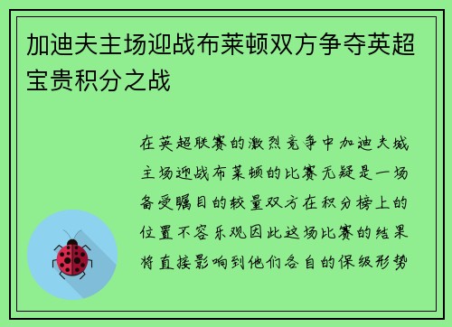 加迪夫主场迎战布莱顿双方争夺英超宝贵积分之战