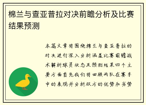 棉兰与查亚普拉对决前瞻分析及比赛结果预测