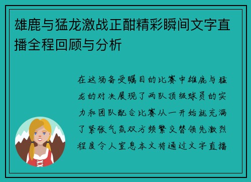 雄鹿与猛龙激战正酣精彩瞬间文字直播全程回顾与分析