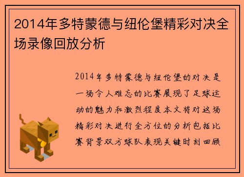 2014年多特蒙德与纽伦堡精彩对决全场录像回放分析