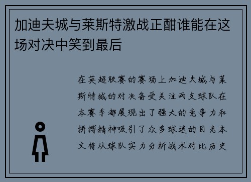 加迪夫城与莱斯特激战正酣谁能在这场对决中笑到最后
