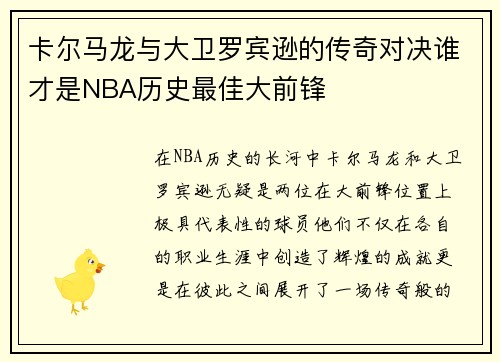 卡尔马龙与大卫罗宾逊的传奇对决谁才是NBA历史最佳大前锋