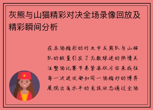 灰熊与山猫精彩对决全场录像回放及精彩瞬间分析