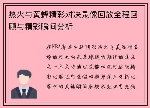 热火与黄蜂精彩对决录像回放全程回顾与精彩瞬间分析