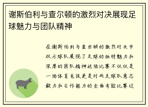 谢斯伯利与查尔顿的激烈对决展现足球魅力与团队精神