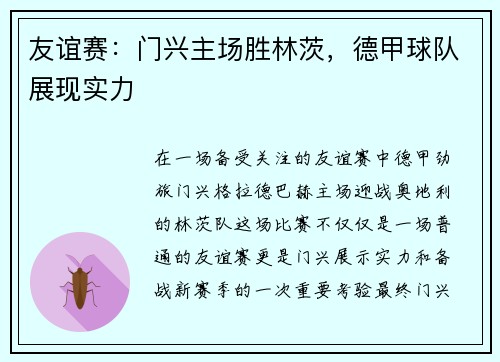 友谊赛：门兴主场胜林茨，德甲球队展现实力
