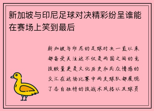 新加坡与印尼足球对决精彩纷呈谁能在赛场上笑到最后