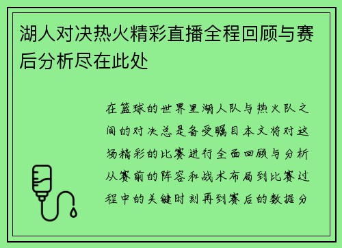 湖人对决热火精彩直播全程回顾与赛后分析尽在此处
