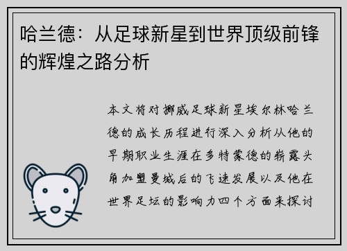 哈兰德：从足球新星到世界顶级前锋的辉煌之路分析