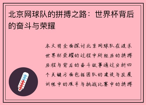 北京网球队的拼搏之路：世界杯背后的奋斗与荣耀