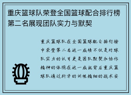 重庆篮球队荣登全国篮球配合排行榜第二名展现团队实力与默契