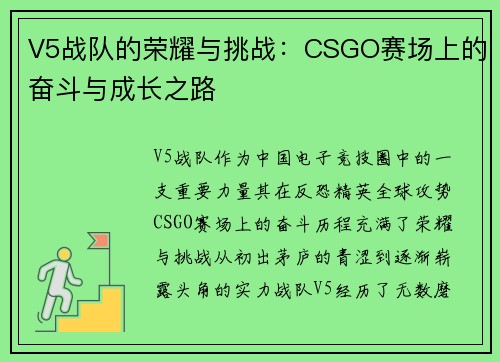V5战队的荣耀与挑战：CSGO赛场上的奋斗与成长之路