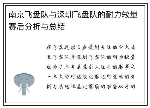 南京飞盘队与深圳飞盘队的耐力较量赛后分析与总结