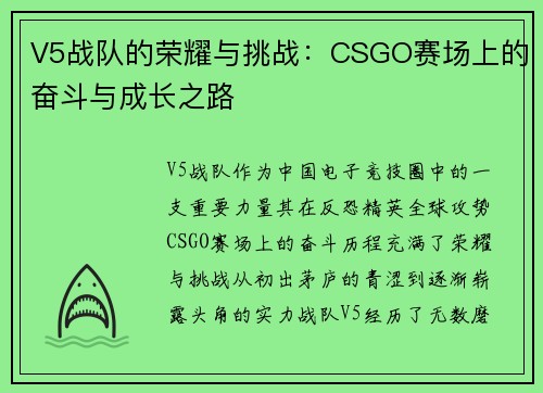 V5战队的荣耀与挑战：CSGO赛场上的奋斗与成长之路