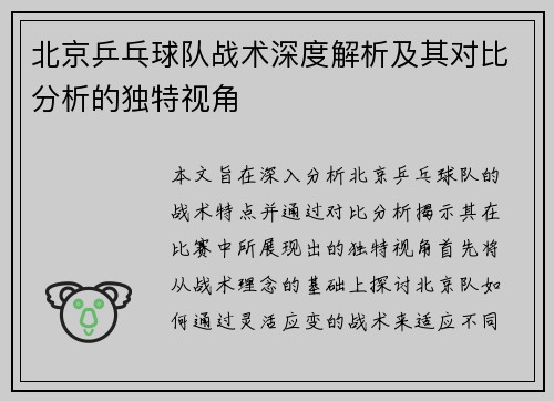 北京乒乓球队战术深度解析及其对比分析的独特视角