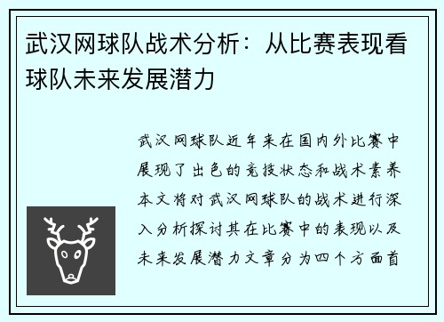 武汉网球队战术分析：从比赛表现看球队未来发展潜力