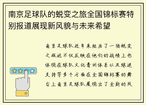 南京足球队的蜕变之旅全国锦标赛特别报道展现新风貌与未来希望